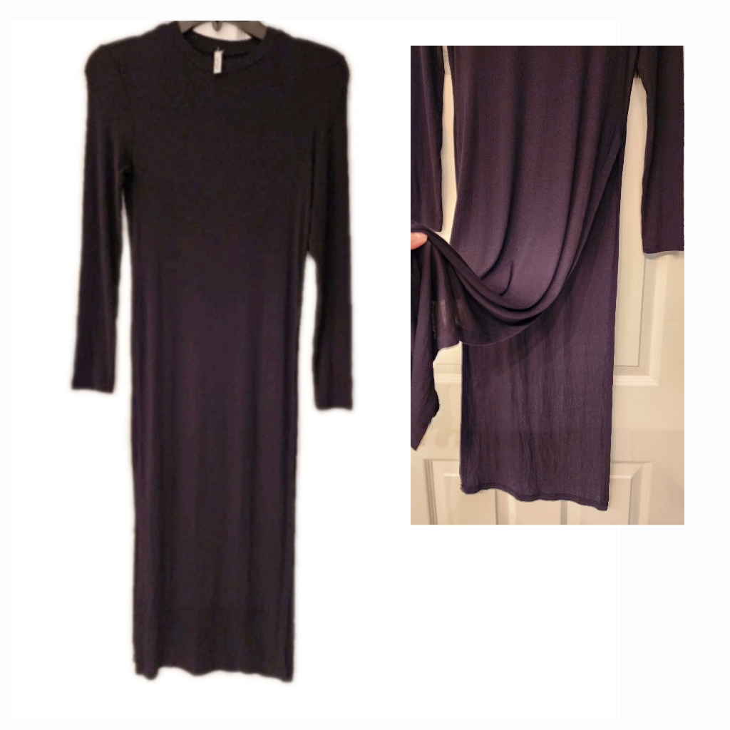 Lanston Long Sleeve Ribbed Knit Dress Splits At Hip In Black Size Small